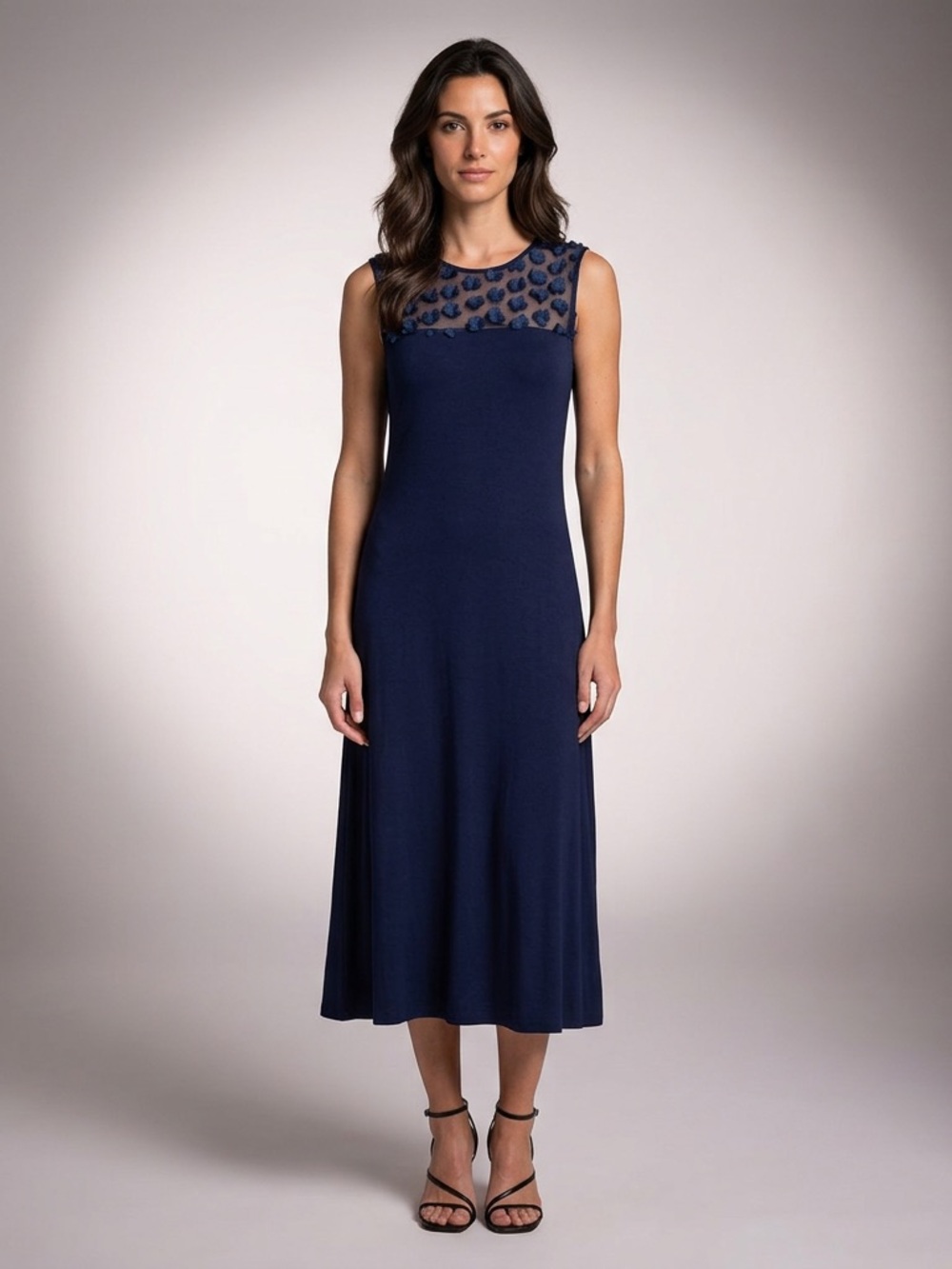 Nina Leonard Sleeveless Navy Midi Dress with Sheer Embellished Yoke size L